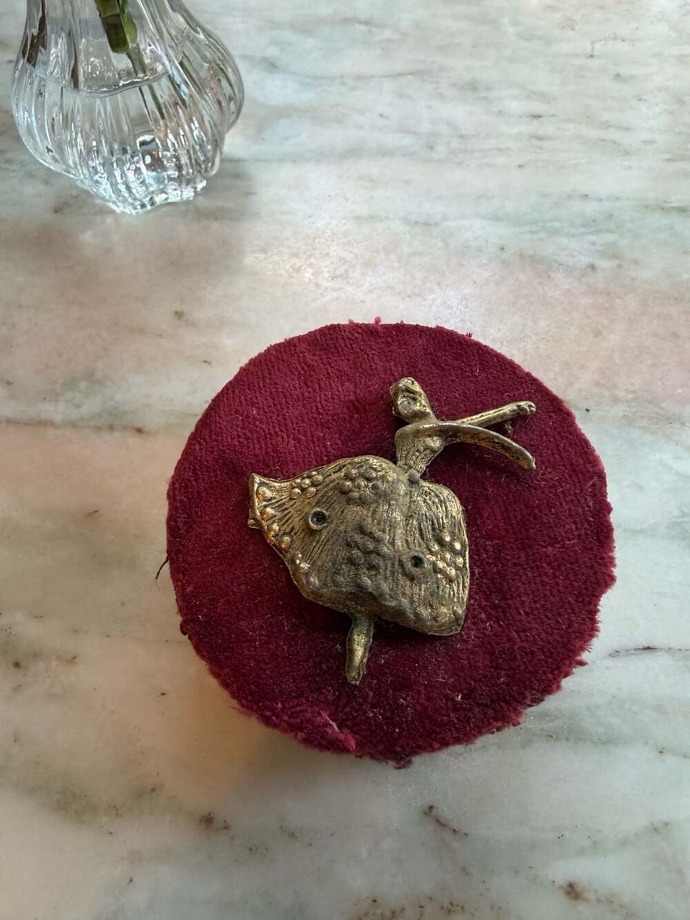 Vintage Gold Tone Greek Key Pattern Trinket Box with Ballerina Embellishment